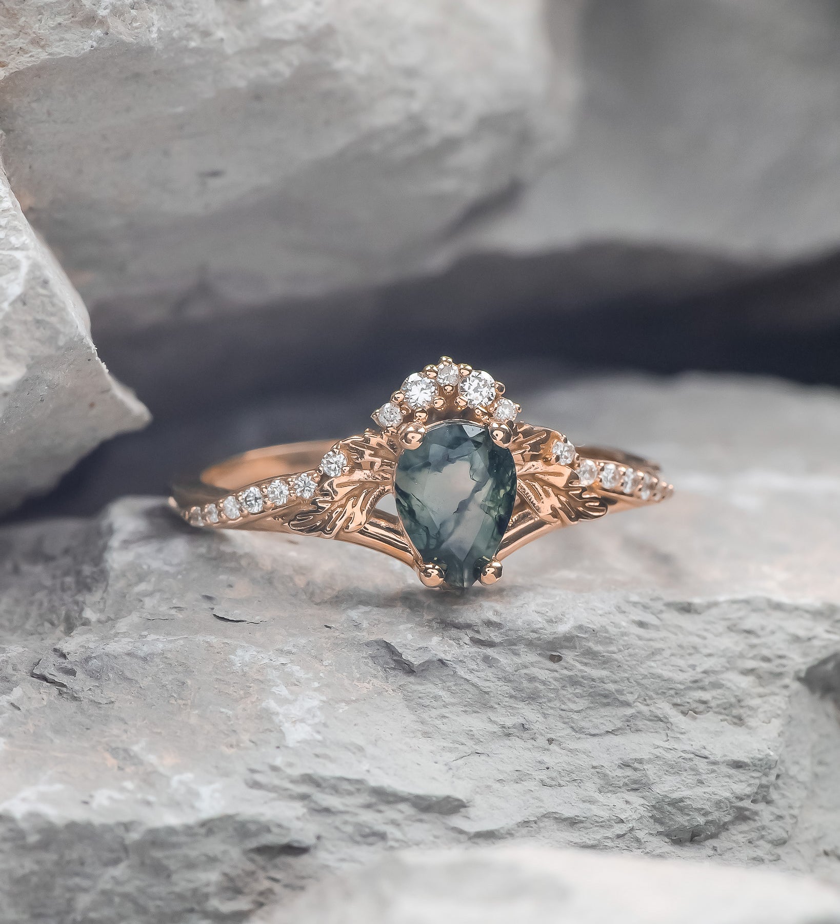 Rutile moss agate engagement ring, diamond crown proposal ring with moss agate / Amelia - Eden Garden Jewelry™