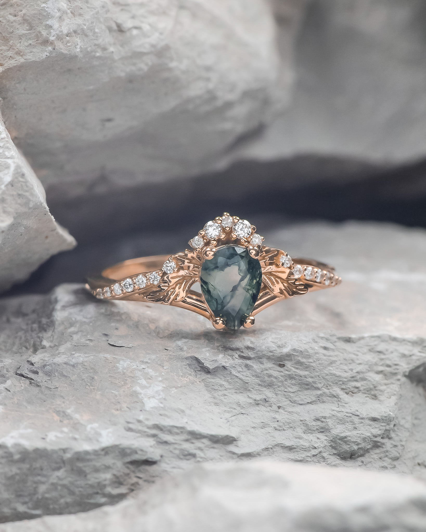 Rutile moss agate engagement ring, diamond crown proposal ring with moss agate / Amelia - Eden Garden Jewelry™