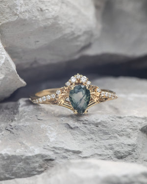 READY TO SHIP: Amelia in 14K yellow gold, bridal ring set with natural green moss agate and diamonds, AVAILABLE RING SIZES: 6-8 US