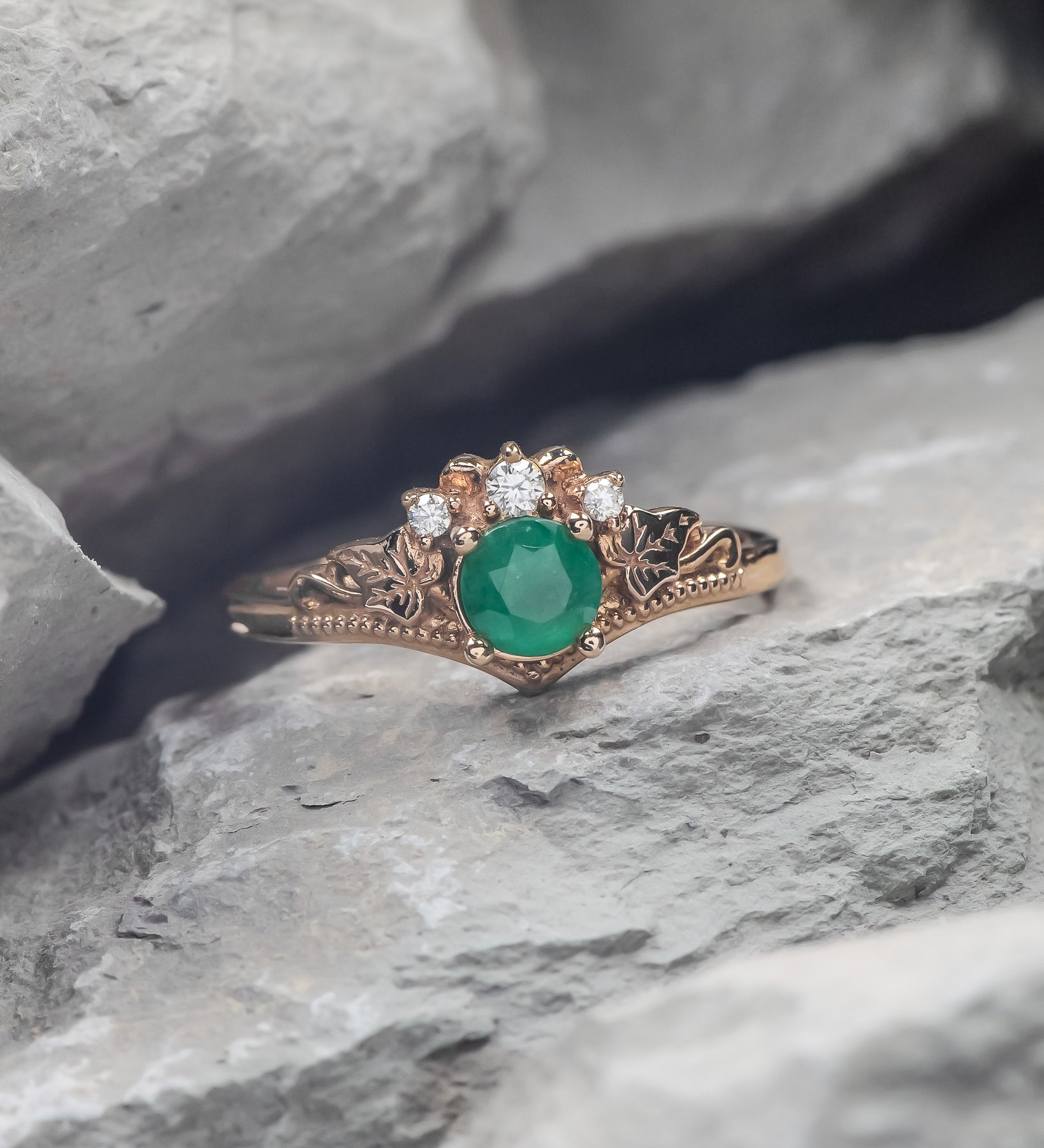 READY TO SHIP: Ariadne engagement ring in 14K rose gold, 5 mm round cut natural emerald, moissanites, RING SIZE 5.25 - 8.25 US - Eden Garden Jewelry™