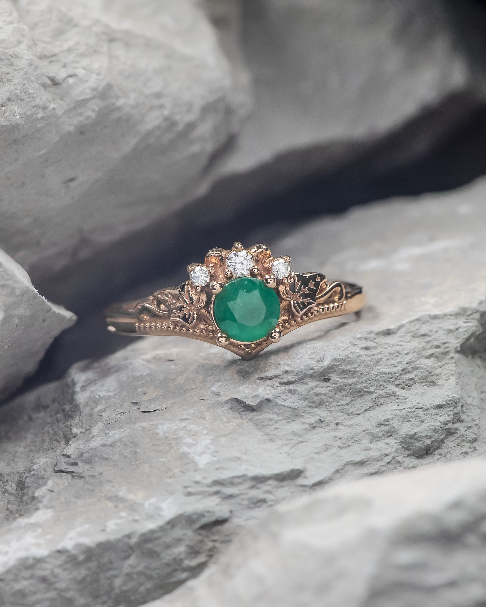 READY TO SHIP: Ariadne engagement ring in 14K rose gold, 5 mm round cut natural emerald, moissanites, RING SIZE 5.25 - 8.25 US - Eden Garden Jewelry™