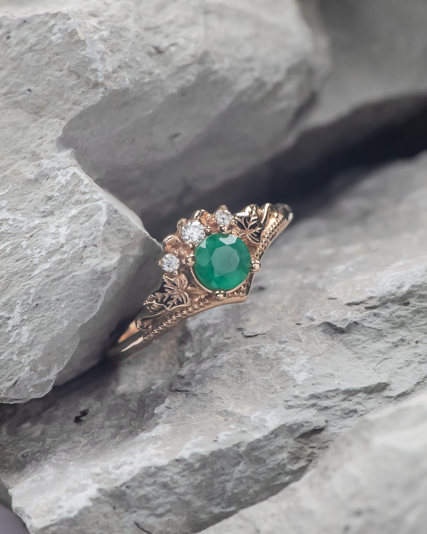 READY TO SHIP: Ariadne engagement ring in 14K rose gold, 5 mm round cut natural emerald, moissanites, RING SIZE 5.25 - 8.25 US - Eden Garden Jewelry™