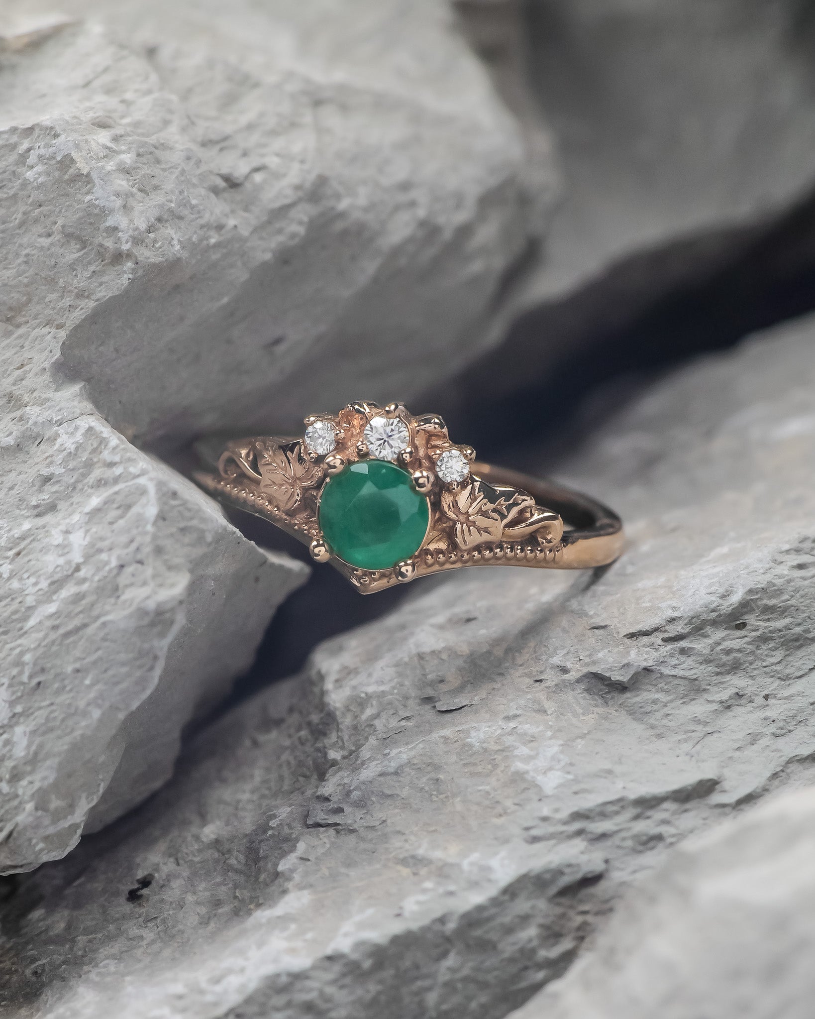READY TO SHIP: Ariadne engagement ring in 14K rose gold, 5 mm round cut natural emerald, moissanites, RING SIZE 5.25 - 8.25 US - Eden Garden Jewelry™