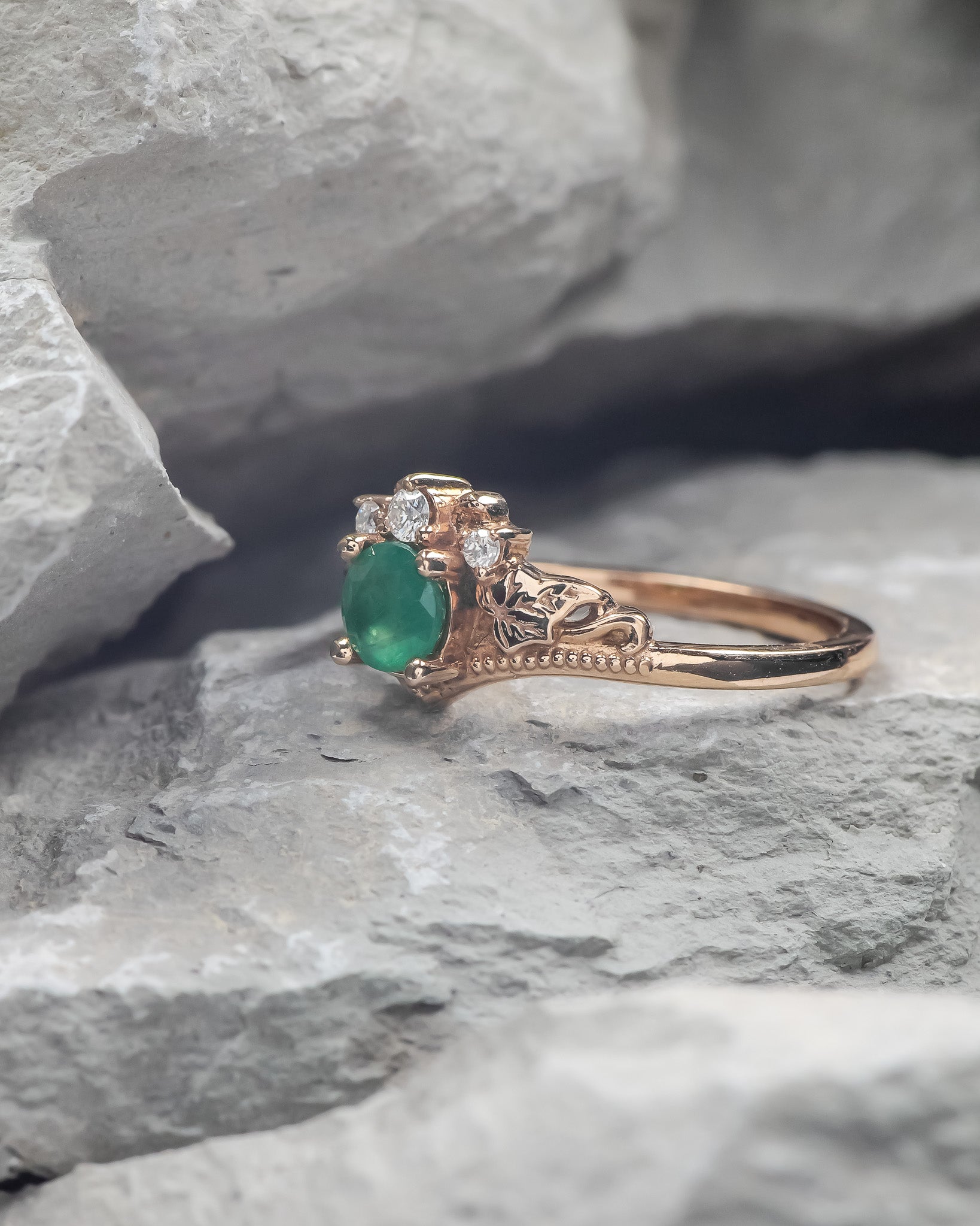 READY TO SHIP: Ariadne engagement ring in 14K rose gold, 5 mm round cut natural emerald, moissanites, RING SIZE 5.25 - 8.25 US - Eden Garden Jewelry™
