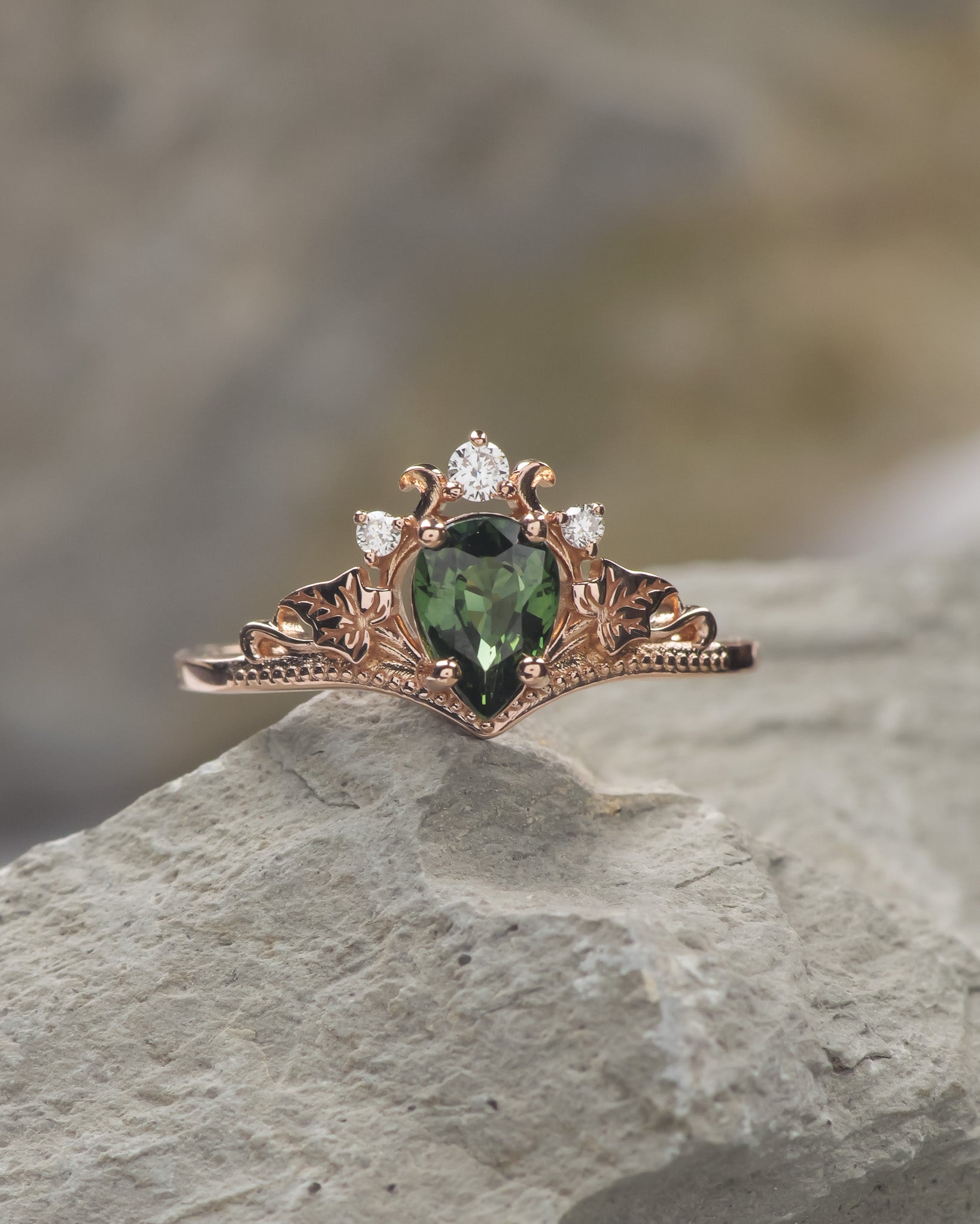 READY TO SHIP: Ariadne engagement ring with natural green sapphire and lab diamonds, 14K rose gold, RING SIZES: 5.5 - 8.5 US - Eden Garden Jewelry™