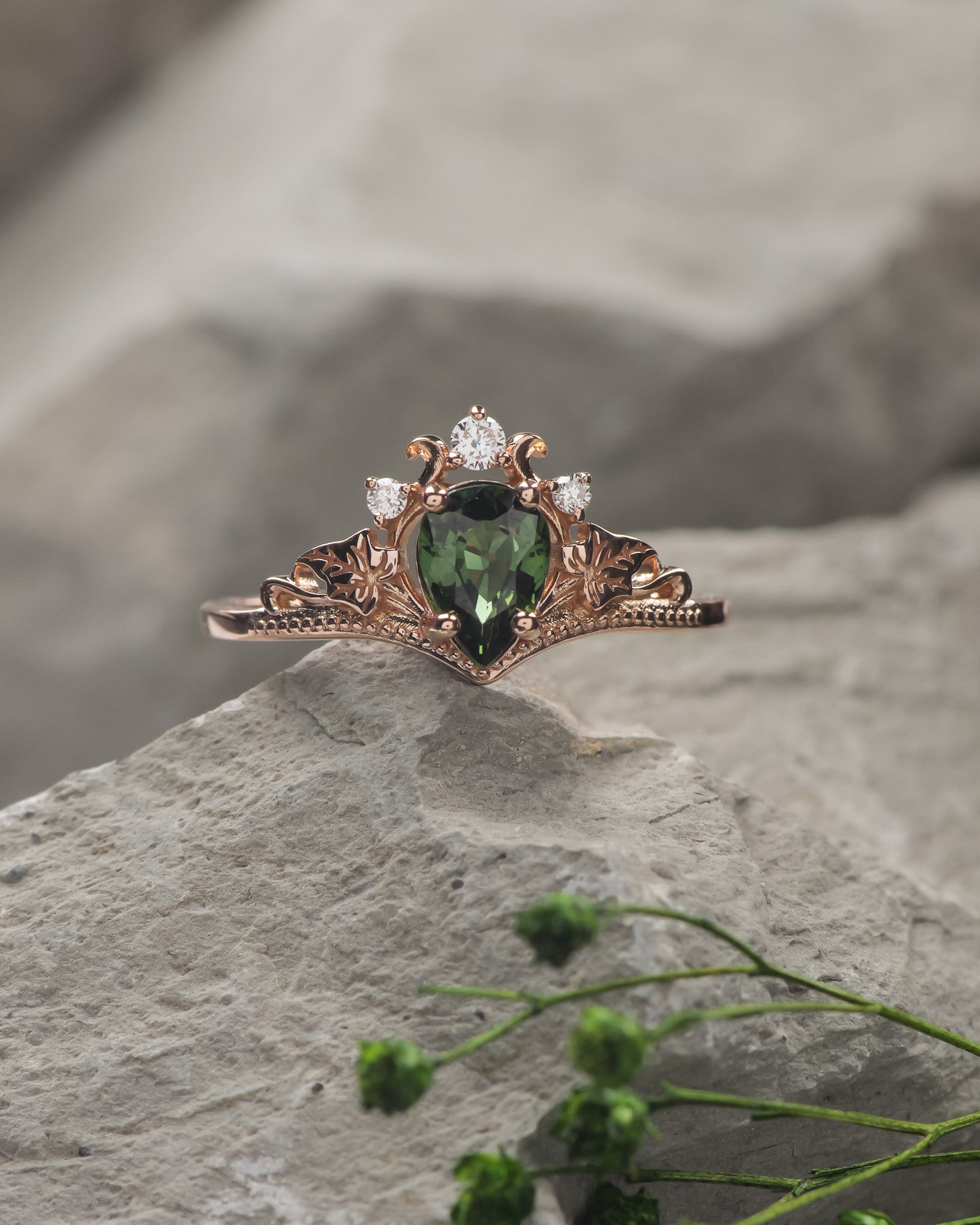 READY TO SHIP: Ariadne engagement ring with natural green sapphire and lab diamonds, 14K rose gold, RING SIZES: 5.5 - 8.5 US - Eden Garden Jewelry™