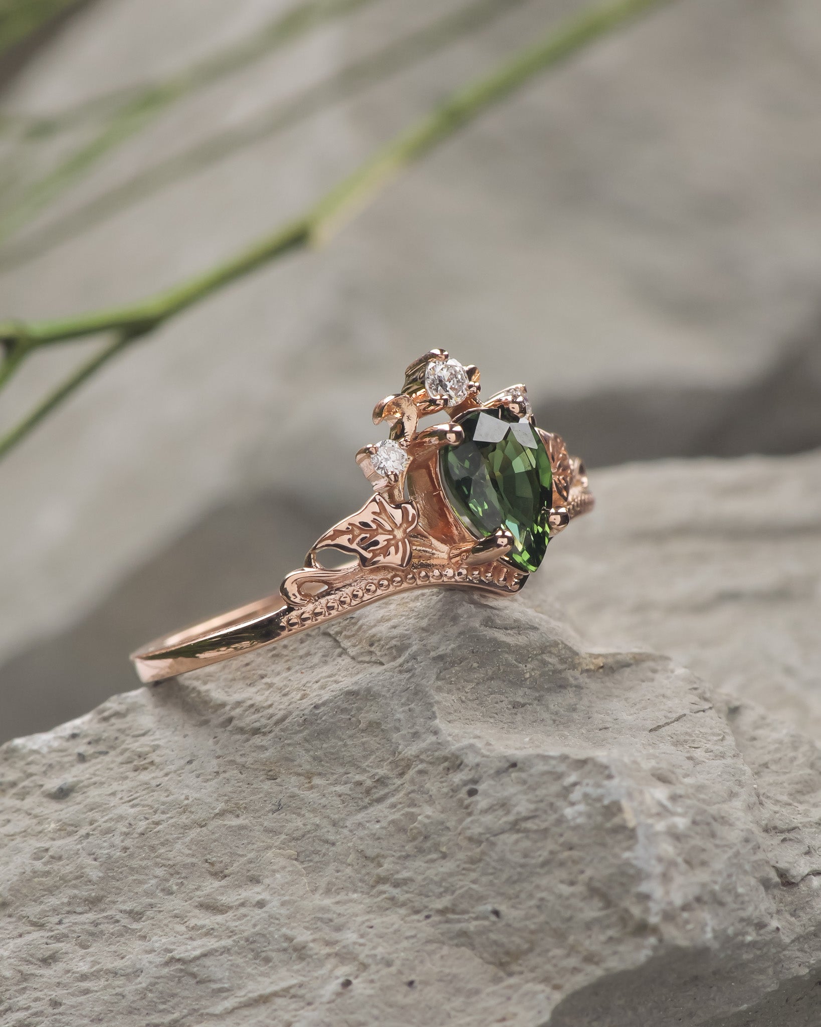 READY TO SHIP: Ariadne engagement ring with natural green sapphire and lab diamonds, 14K rose gold, RING SIZES: 5.5 - 8.5 US