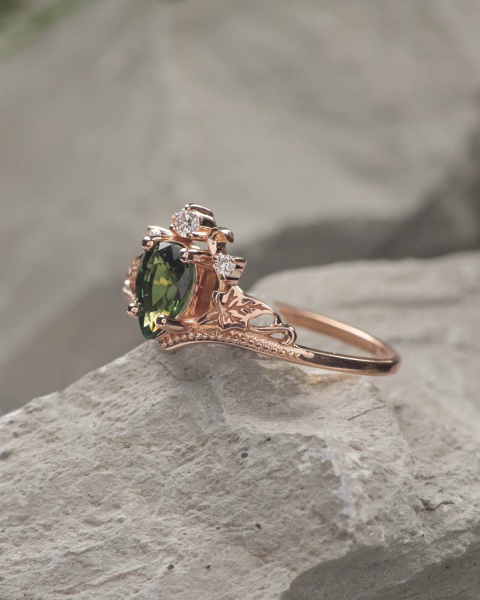 READY TO SHIP: Ariadne engagement ring with natural green sapphire and lab diamonds, 14K rose gold, RING SIZES: 5.5 - 8.5 US - Eden Garden Jewelry™
