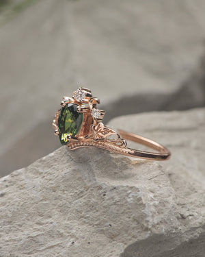 READY TO SHIP: Ariadne engagement ring with natural green sapphire and lab diamonds, 14K rose gold, RING SIZES: 5.5 - 8.5 US