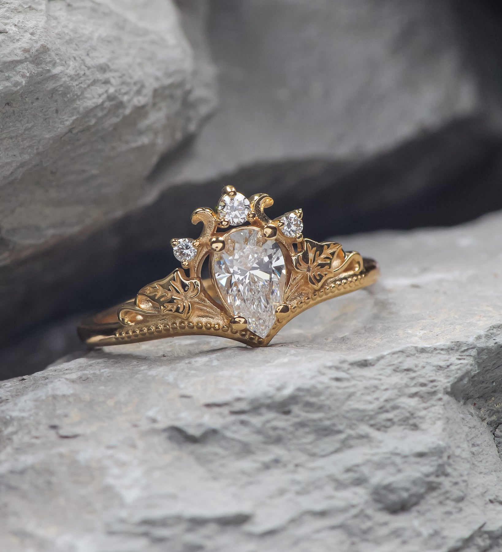 READY TO SHIP: Ariadne bridal set in 14K yellow gold, pear cut lab grown diamond 7x5 mm, accents lab grown diamonds, RING SIZE: 5.5 - 8.5 US US - Eden Garden Jewelry™