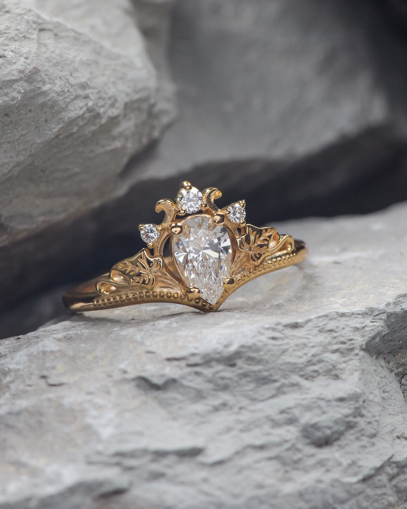 READY TO SHIP: Ariadne bridal set in 14K yellow gold, pear cut lab grown diamond 7x5 mm, accents lab grown diamonds, RING SIZE: 5.5 - 8.5 US US - Eden Garden Jewelry™