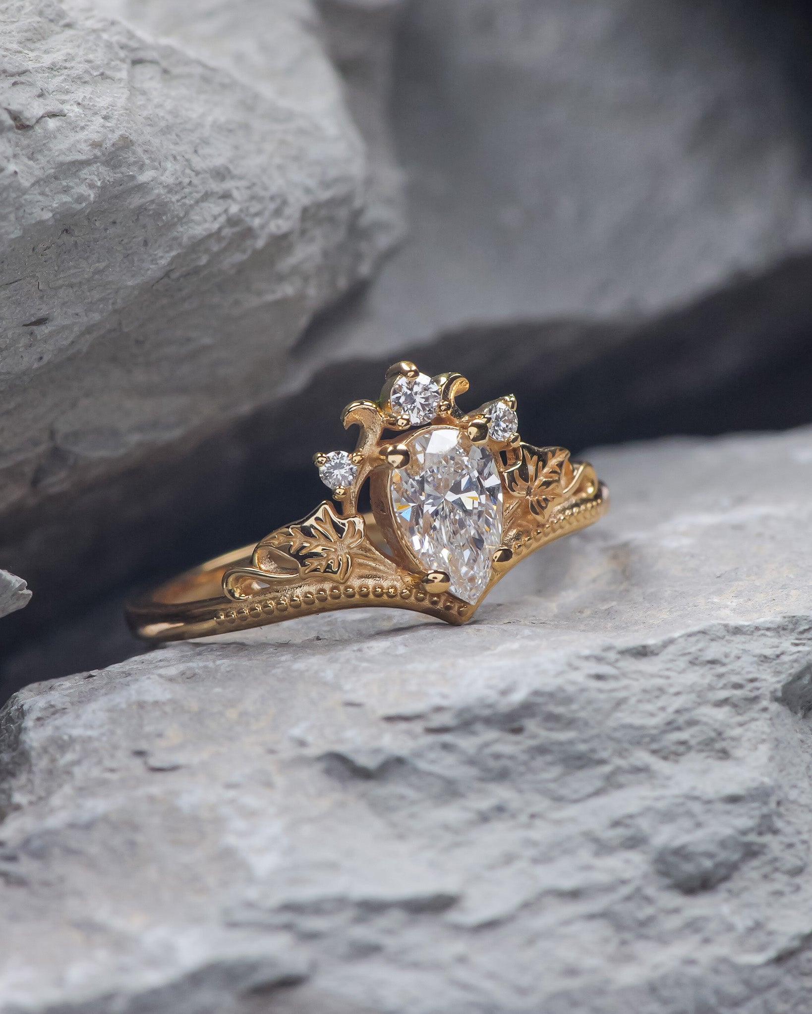 READY TO SHIP: Ariadne bridal set in 14K yellow gold, pear cut lab grown diamond 7x5 mm, accents lab grown diamonds, RING SIZE: 5.5 - 8.5 US US - Eden Garden Jewelry™