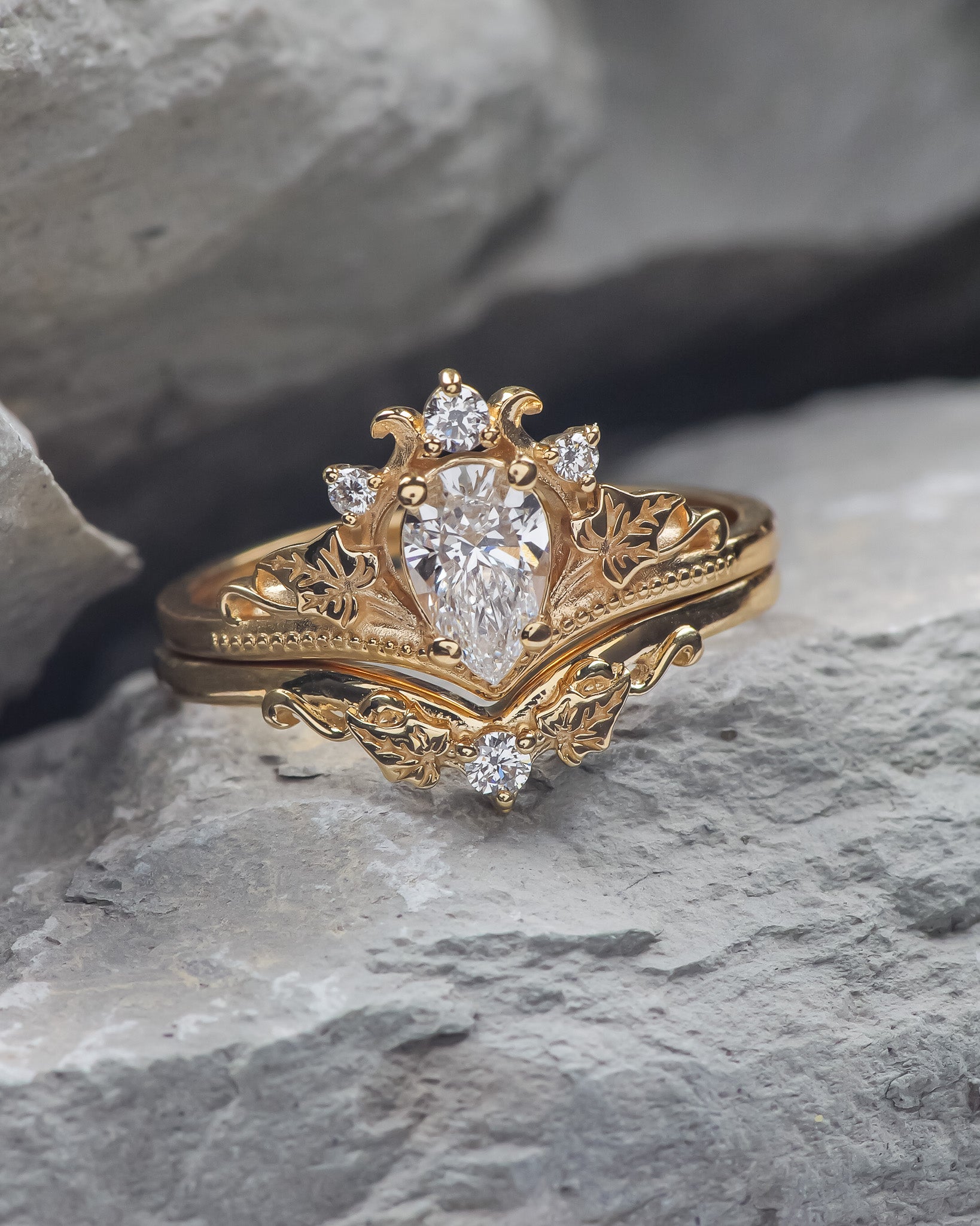 READY TO SHIP: Ariadne bridal set in 14K yellow gold, pear cut lab grown diamond 7x5 mm, accents lab grown diamonds, RING SIZE: 5.5 - 8.5 US US - Eden Garden Jewelry™