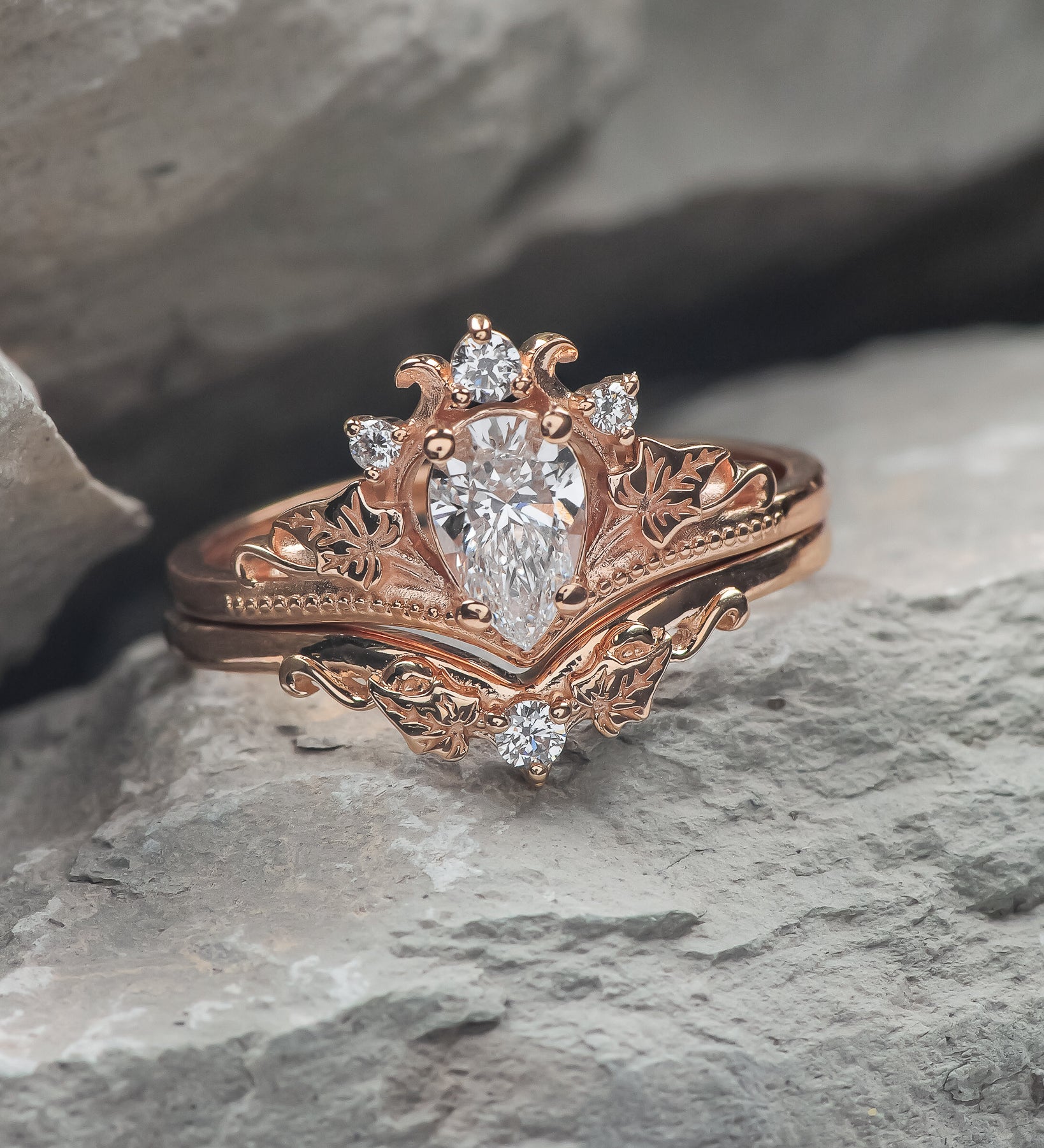 Lab Grown Diamond Bridal Ring Set Gold Nature Inspired Ring Set