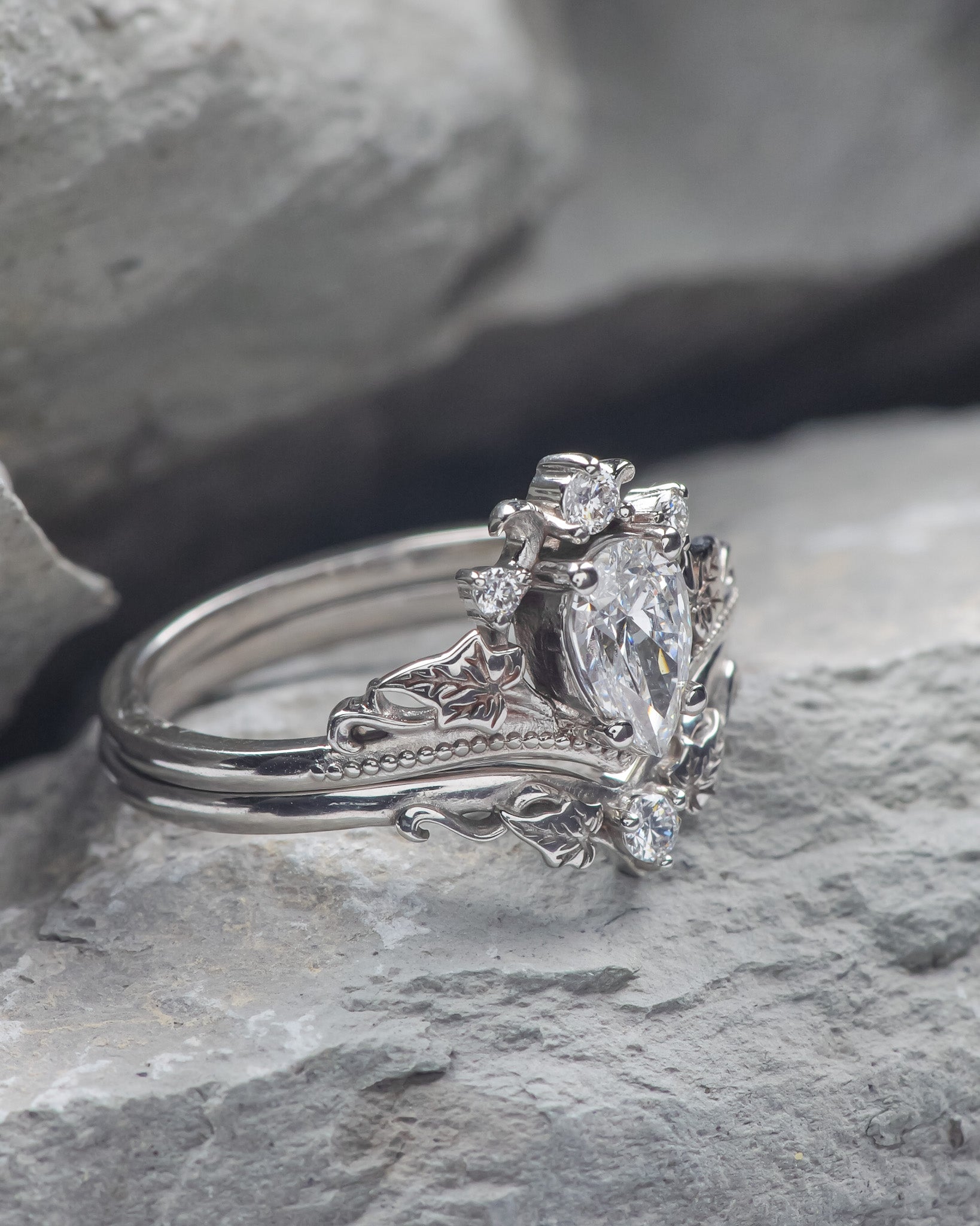 READY TO SHIP: Ariadne bridal set in 14K white gold, pear cut lab grown diamond 7x5 mm, accents lab grown diamonds, RING SIZE: 5.5 - 8.5 US US