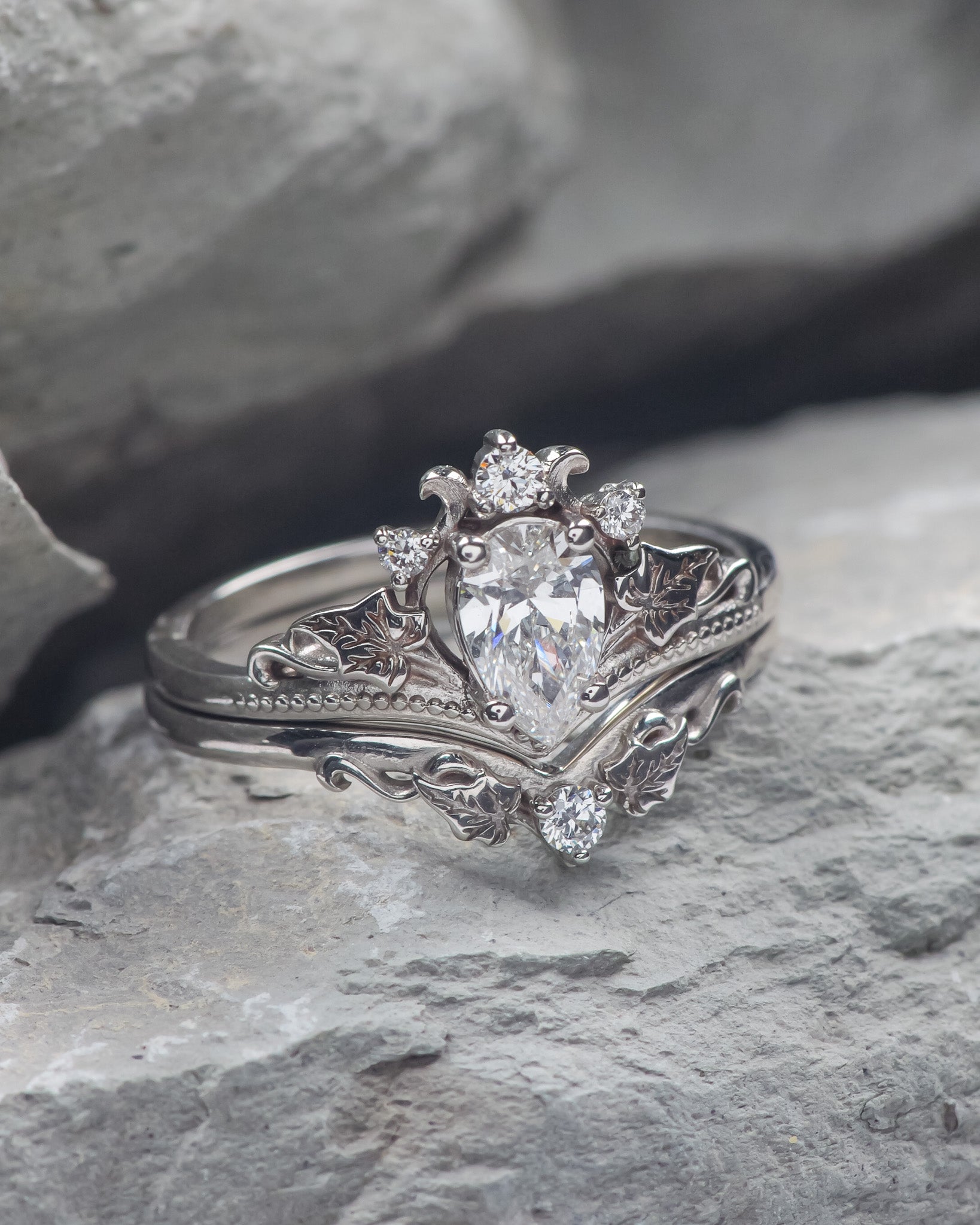 Lab grown diamond engagement ring set, crown shape gold rings with diamonds / Ariadne - Eden Garden Jewelry™