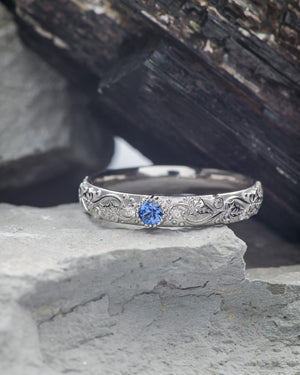 READY TO SHIP: Ivy wedding band in 14K white gold with a blue sapphire and moissanites, RING SIZE 9 US