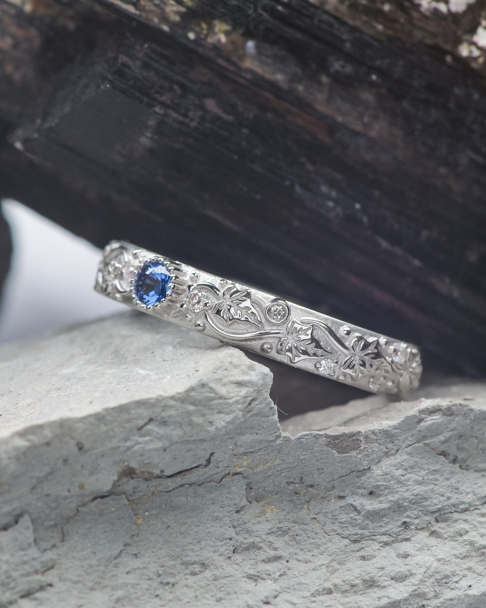 READY TO SHIP: Ivy wedding band in 14K white gold with a blue sapphire and moissanites, RING SIZE 9 US