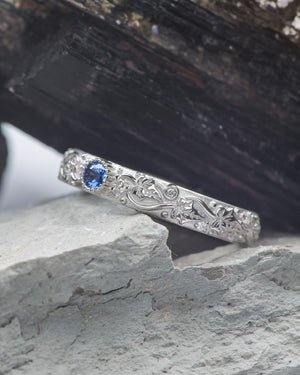 READY TO SHIP: Ivy wedding band in 14K white gold with a blue sapphire and moissanites, RING SIZE 9 US