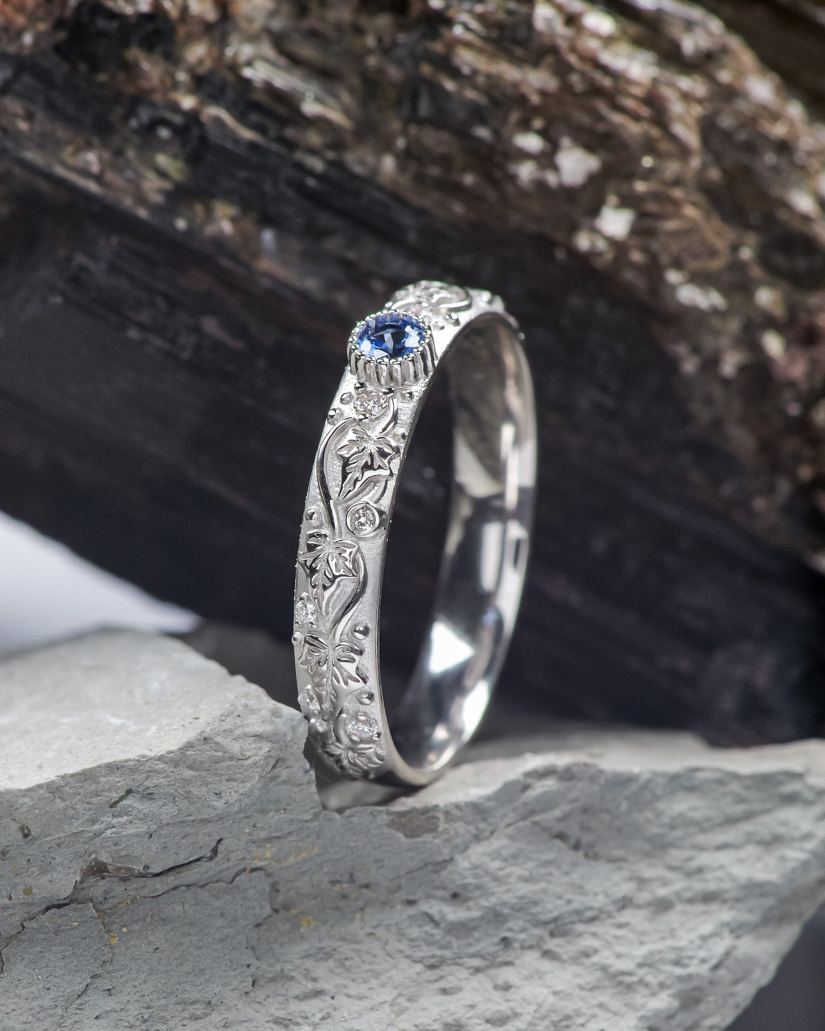 READY TO SHIP: Ivy wedding band in 14K white gold with a blue sapphire and moissanites, RING SIZE 9 US