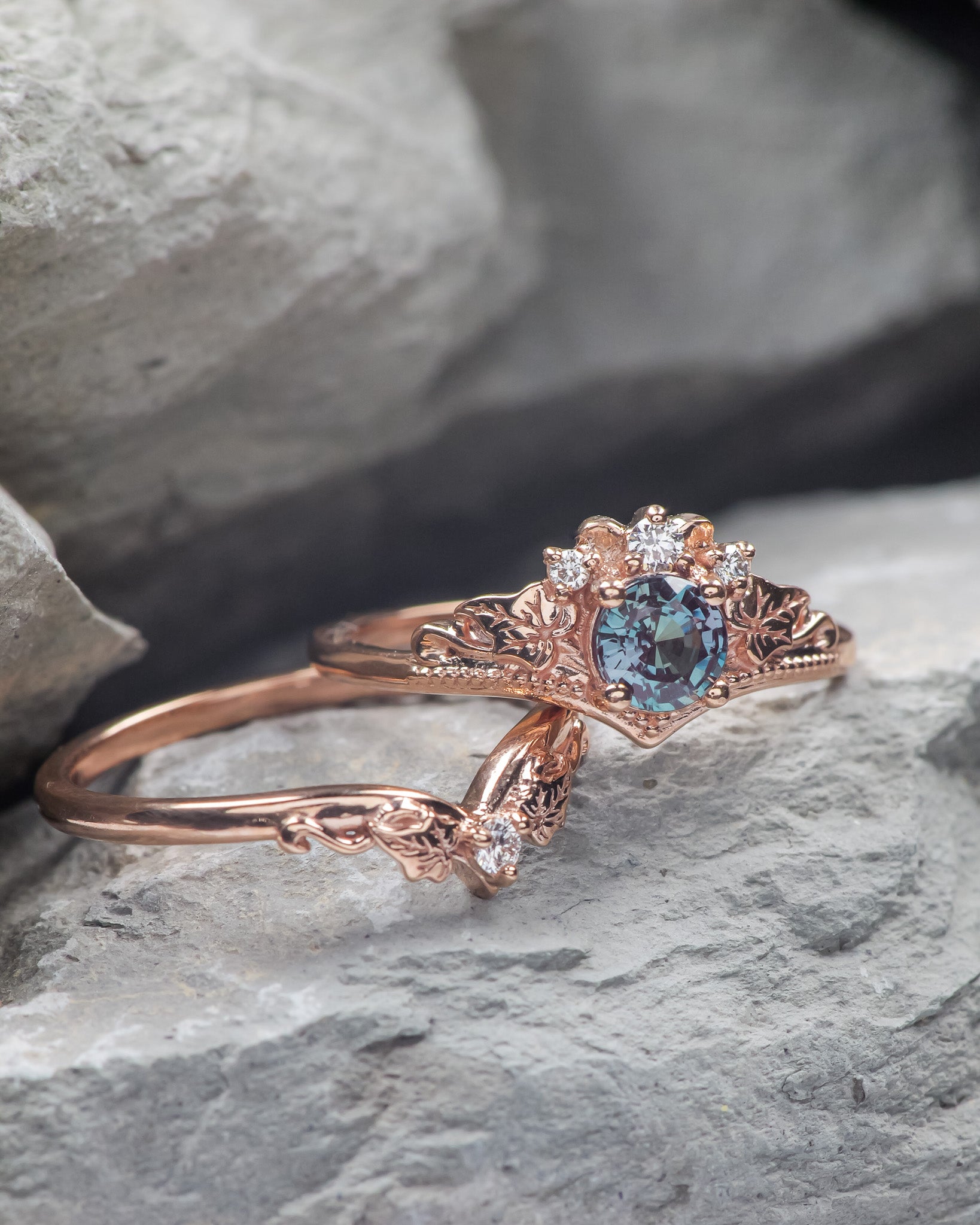 READY TO SHIP: Ariadne bridal ring set with alexandrite and lab grown diamonds, 14K rose gold, RING SIZES: 5.5 - 10.25 US - Eden Garden Jewelry™