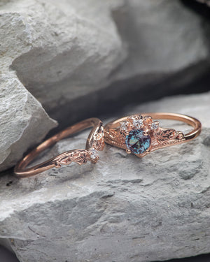 READY TO SHIP: Ariadne bridal ring set with alexandrite and lab grown diamonds, 14K rose gold, RING SIZES: 5.5 - 10.25 US