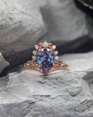 READY TO SHIP: Ariadne ring set with big pear alexandrite and lab grown diamonds, 14K rose gold, RING SIZES: 4.5 - 7.5 US