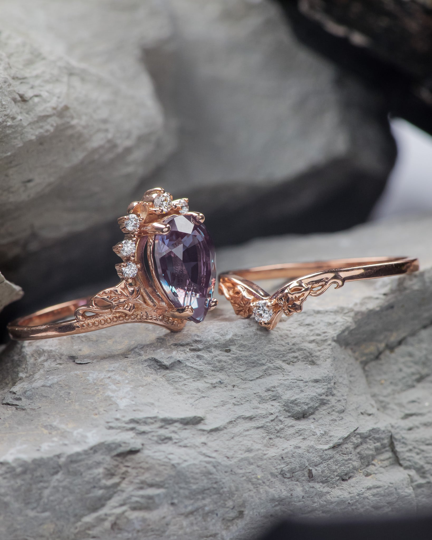 READY TO SHIP: Ariadne ring set with big pear alexandrite and lab grown diamonds, 14K rose gold, RING SIZES: 4.5 - 7.5 US