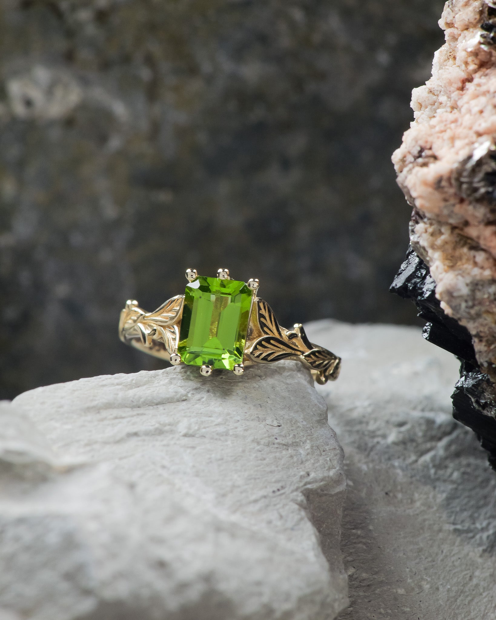 Octagon peridot engagement ring, nature themed branch proposal ring / Freesia - Eden Garden Jewelry™