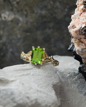 READY TO SHIP: Freesia in 14K yellow gold, emerald cut peridot, AVAILABLE RING SIZE: 5.75 - 8.5 US