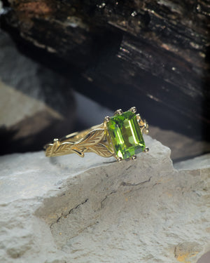 Octagon peridot engagement ring, nature themed branch proposal ring / Freesia