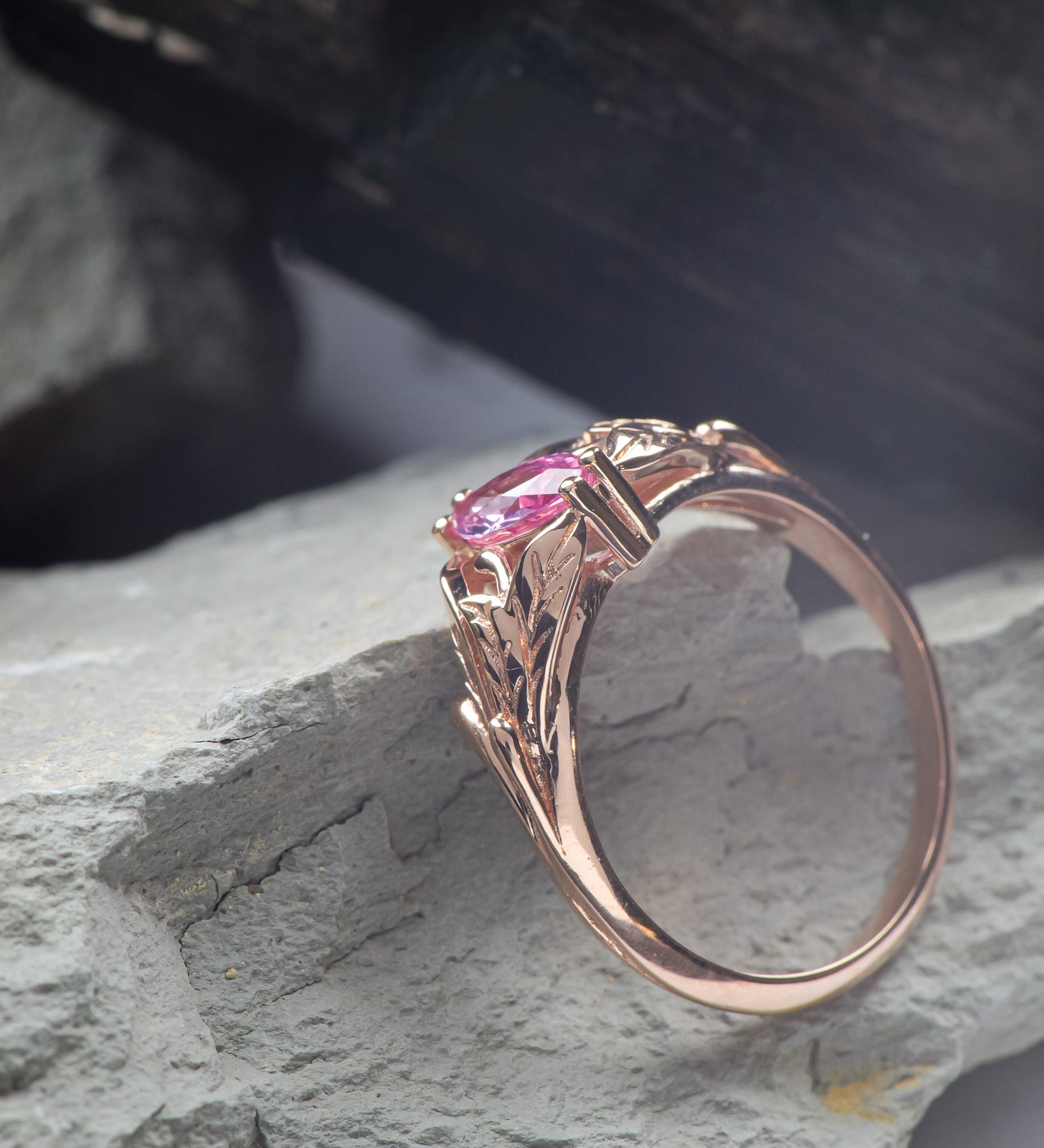 Amethyst engagement ring 18K white gold Leaves wedding band