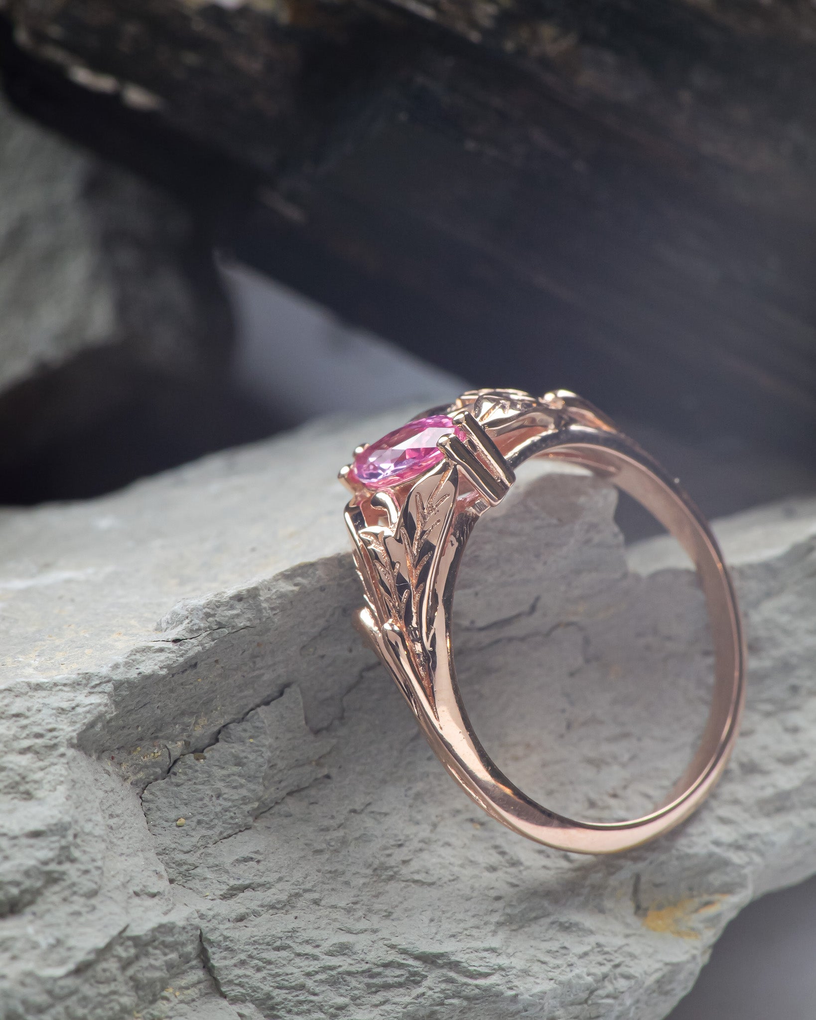 Natural pink sapphire engagement ring, leaf proposal ring with marquise cut gemstone / Wisteria - Eden Garden Jewelry™