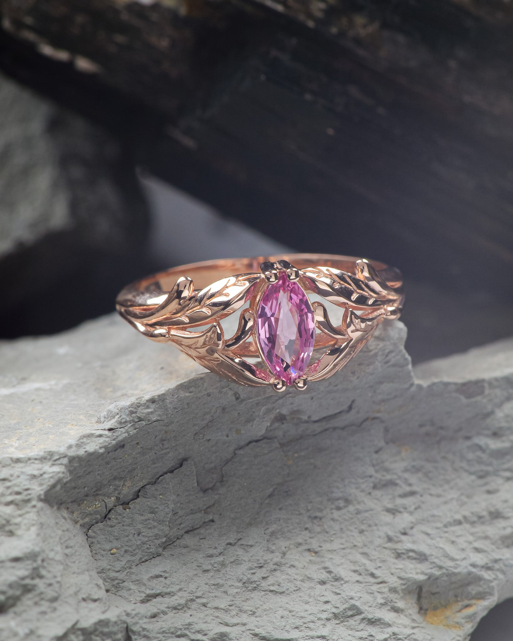 Natural pink sapphire engagement ring, leaf proposal ring with marquise cut gemstone / Wisteria - Eden Garden Jewelry™