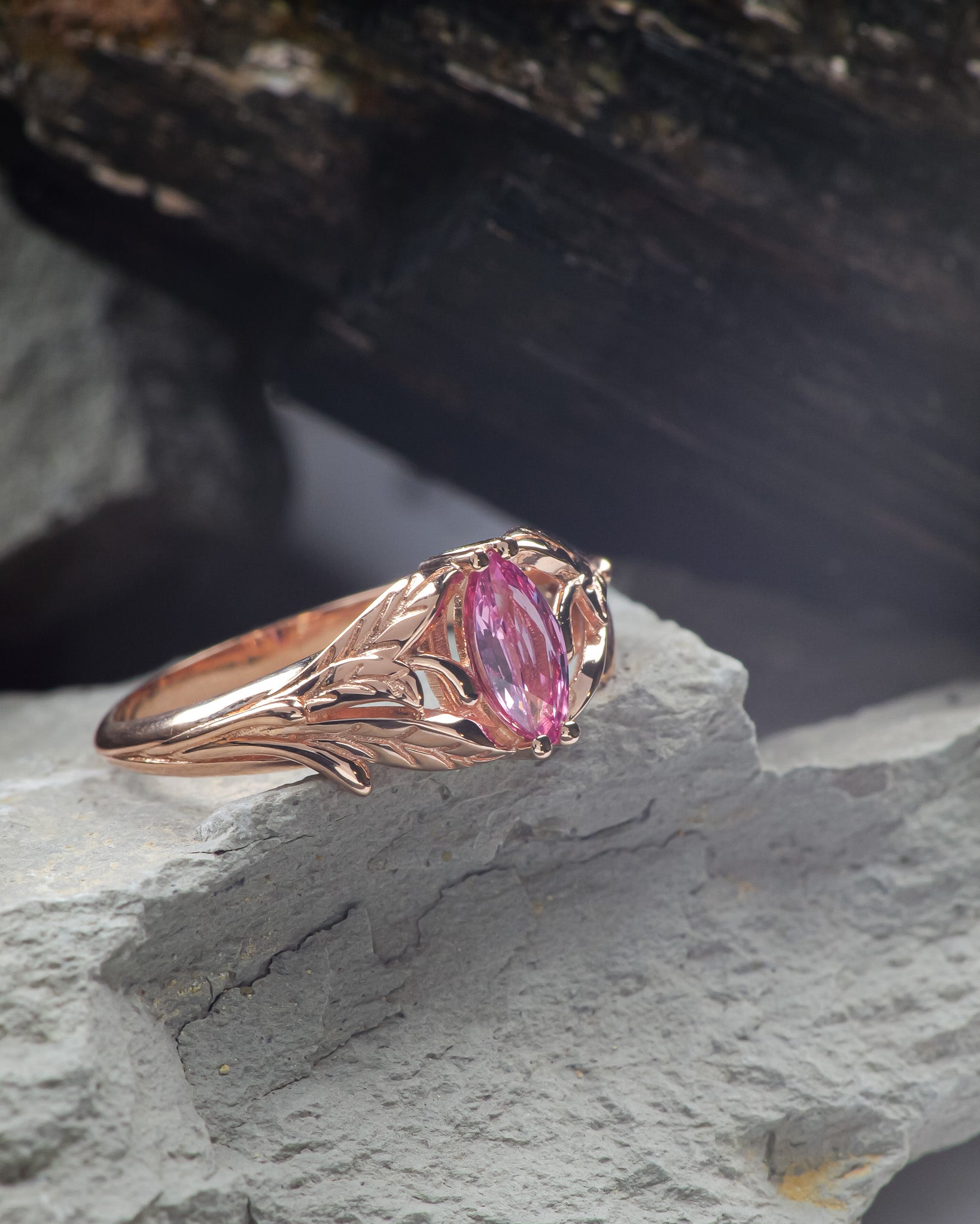 Natural pink sapphire engagement ring, leaf proposal ring with marquise cut gemstone / Wisteria - Eden Garden Jewelry™