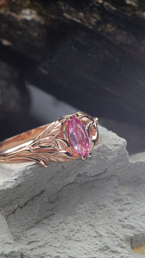 Natural pink sapphire engagement ring, leaf proposal ring with marquise cut gemstone / Wisteria - Eden Garden Jewelry™