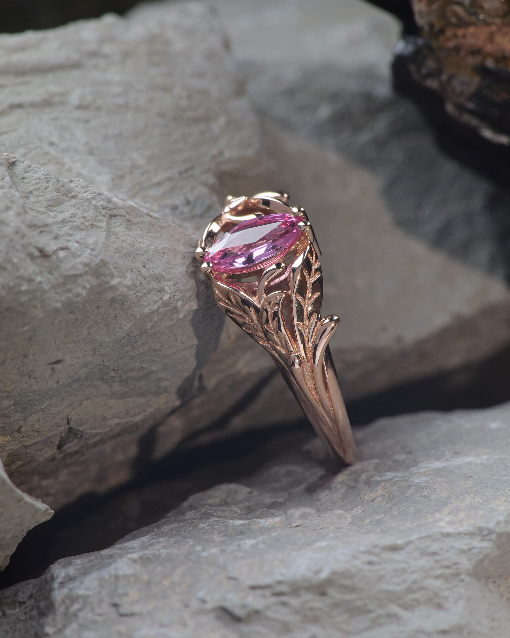 Natural pink sapphire engagement ring, leaf proposal ring with marquise cut gemstone / Wisteria - Eden Garden Jewelry™