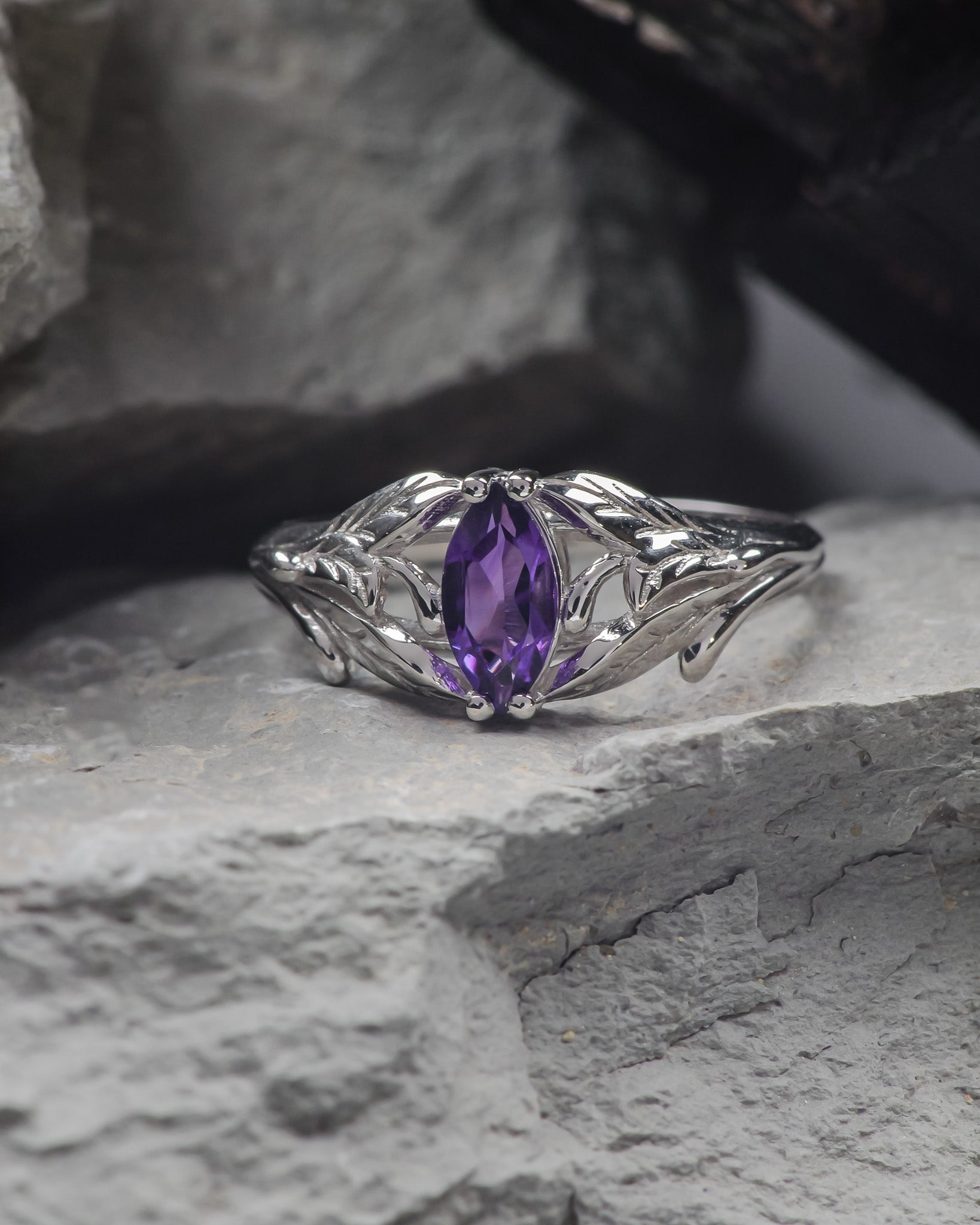 READY TO SHIP: Wisteria in 14K white gold, marquise-cut amethyst, RING SIZE 5.5 - 8.5 US