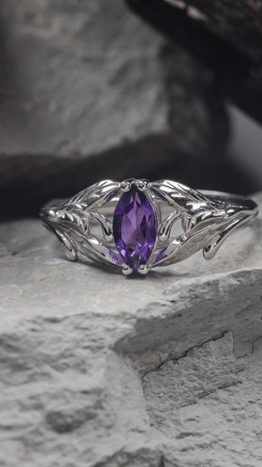 Natural amethyst engagement ring, leaf proposal ring with marquise cut gemstone / Wisteria - Eden Garden Jewelry™
