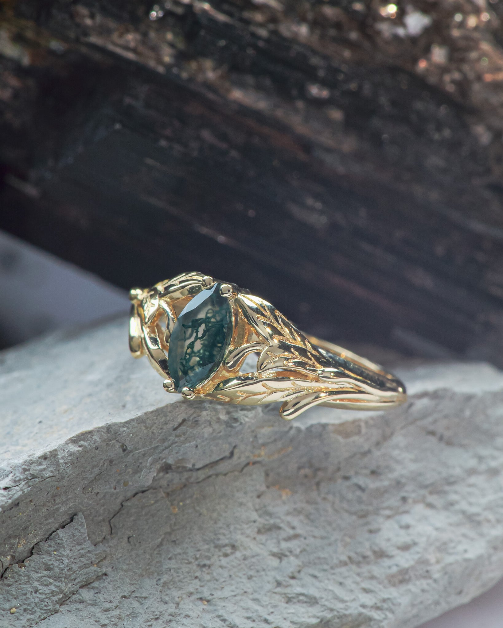 READY TO SHIP: Wisteria in 14K yellow gold, marquise-cut moss agate, RING SIZE 5.5 - 8.5 US - Eden Garden Jewelry™