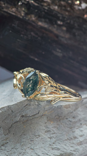 READY TO SHIP: Wisteria in 14K yellow gold, marquise-cut moss agate, RING SIZE 5.5 - 8.5 US - Eden Garden Jewelry™