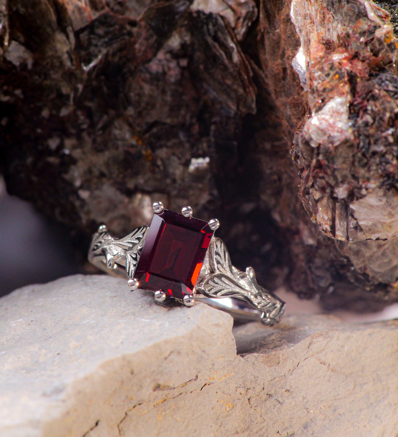 READY TO SHIP: Freesia in 14K white gold, emerald cut garnet, AVAILABLE RING SIZE: 5.5 - 8.5 US - Eden Garden Jewelry™