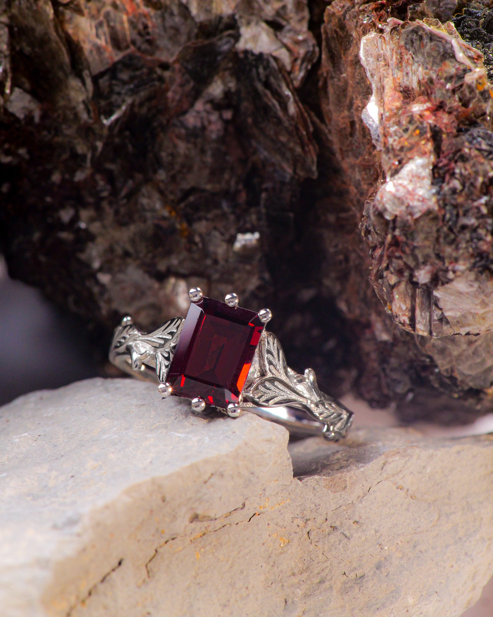 READY TO SHIP: Freesia in 14K white gold, emerald cut garnet, AVAILABLE RING SIZE: 5.5 - 8.5 US