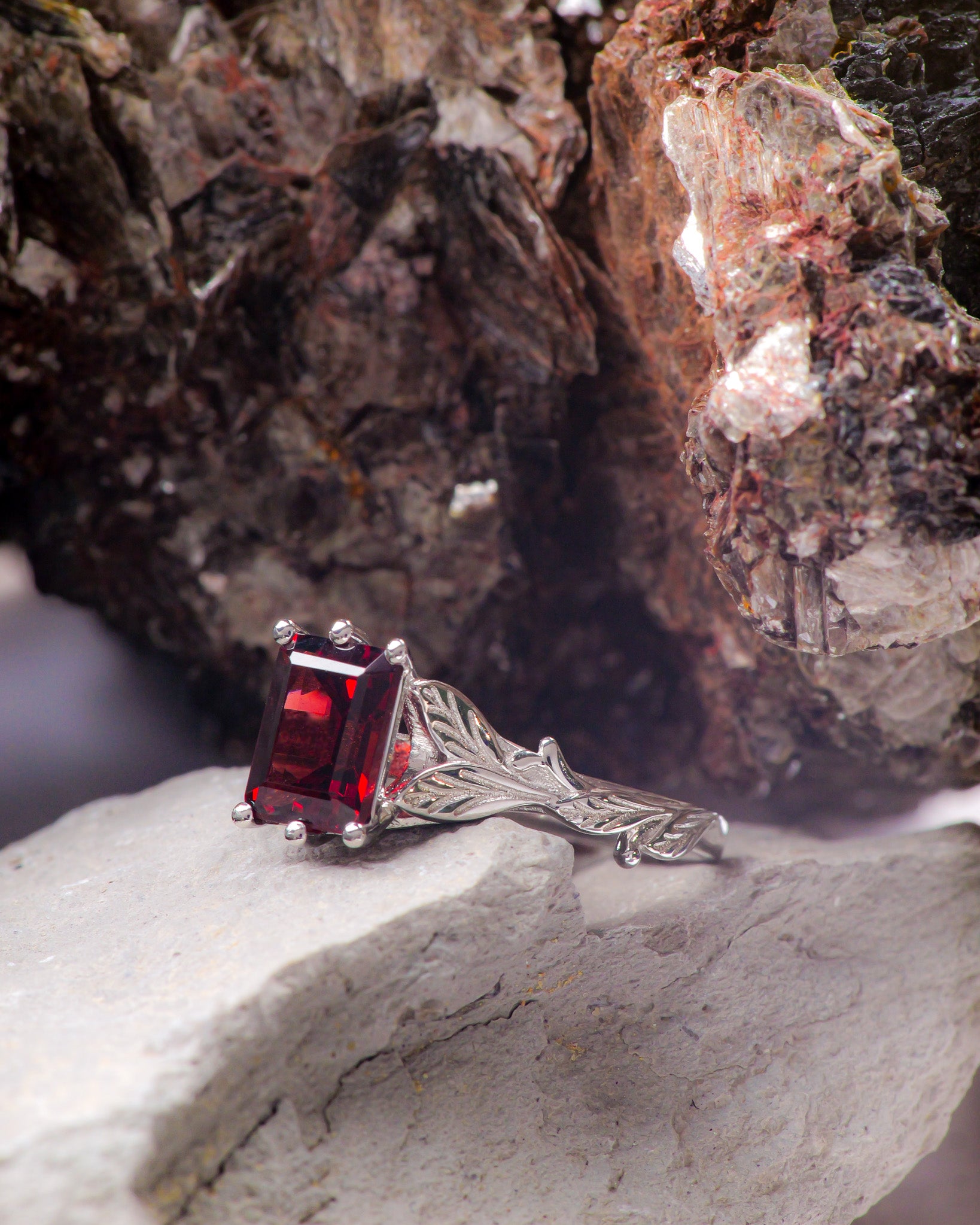 Emerald-cut garnet engagement ring, nature themed branch proposal ring / Freesia - Eden Garden Jewelry™