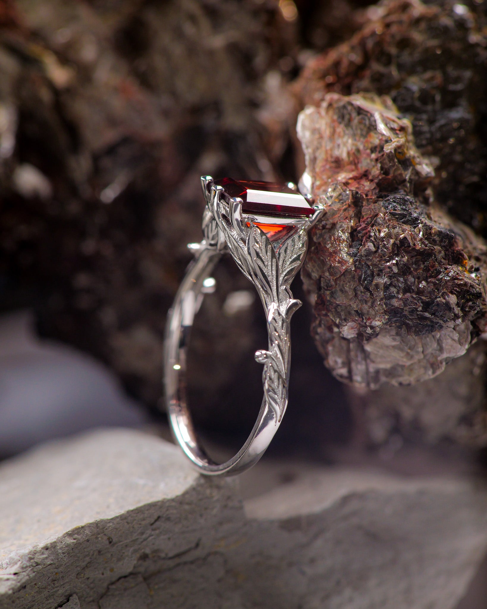 Emerald-cut garnet engagement ring, nature themed branch proposal ring / Freesia - Eden Garden Jewelry™