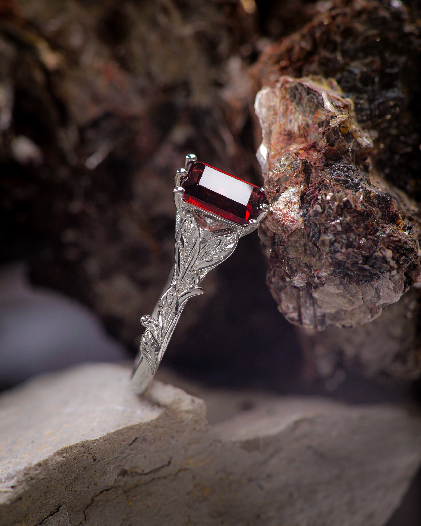 Emerald-cut garnet engagement ring, nature themed branch proposal ring / Freesia