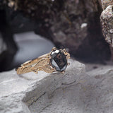 Salt and pepper diamond engagement ring, gold leaves engagement ring / Freesia - Eden Garden Jewelry™