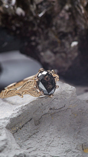 Salt and pepper diamond engagement ring, gold leaves engagement ring / Freesia - Eden Garden Jewelry™