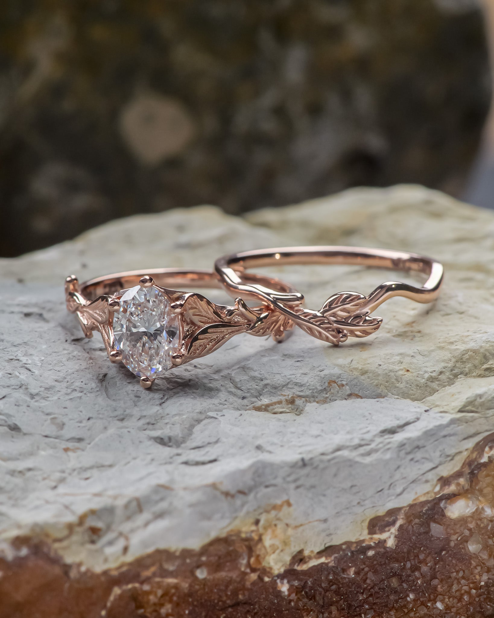 Lab grown diamond leaf engagement bridal set / Freesia - Eden Garden Jewelry™