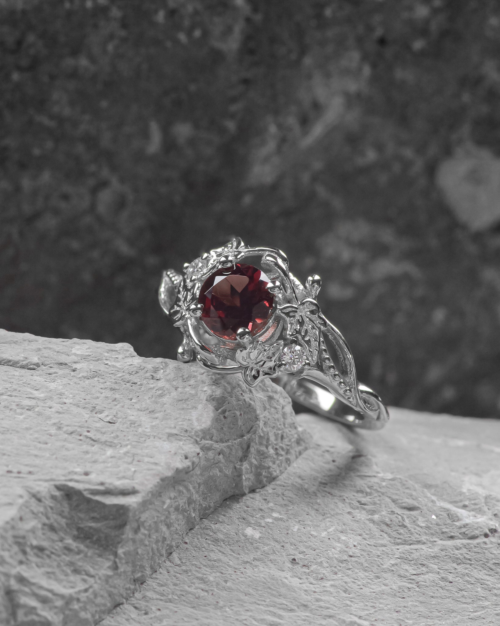 Natural garnet ivy leaves engagement ring, red gemstone ring / Undina Ivy - Eden Garden Jewelry™